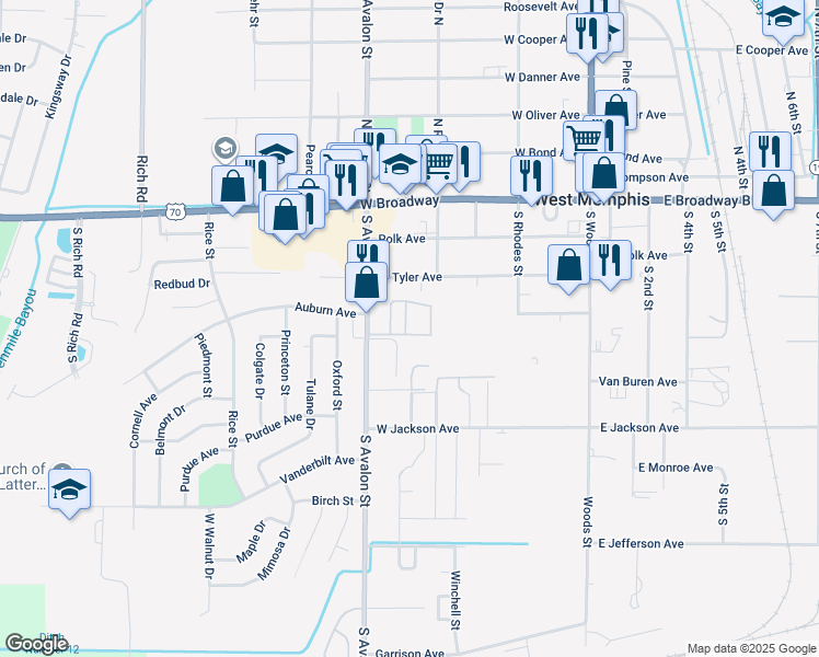 map of restaurants, bars, coffee shops, grocery stores, and more near 396 Cypress Point in West Memphis