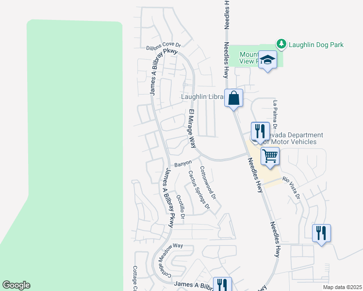 map of restaurants, bars, coffee shops, grocery stores, and more near 2223 Aspen Mirror Way in Laughlin