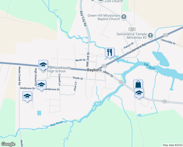 map of restaurants, bars, coffee shops, grocery stores, and more near 205 Main Street in Bayboro