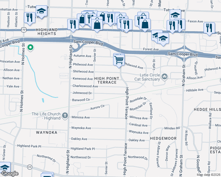 map of restaurants, bars, coffee shops, grocery stores, and more near 3680 Johnwood Drive in Memphis