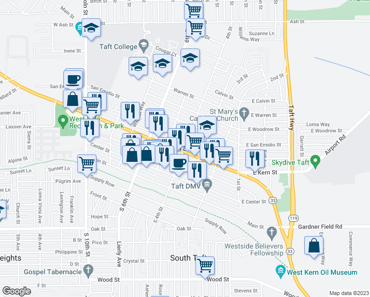 map of restaurants, bars, coffee shops, grocery stores, and more near in Taft
