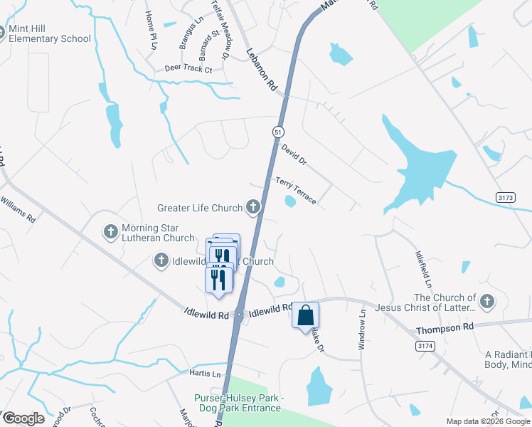 map of restaurants, bars, coffee shops, grocery stores, and more near 3816 Matthews-Mint Hill Road in Matthews