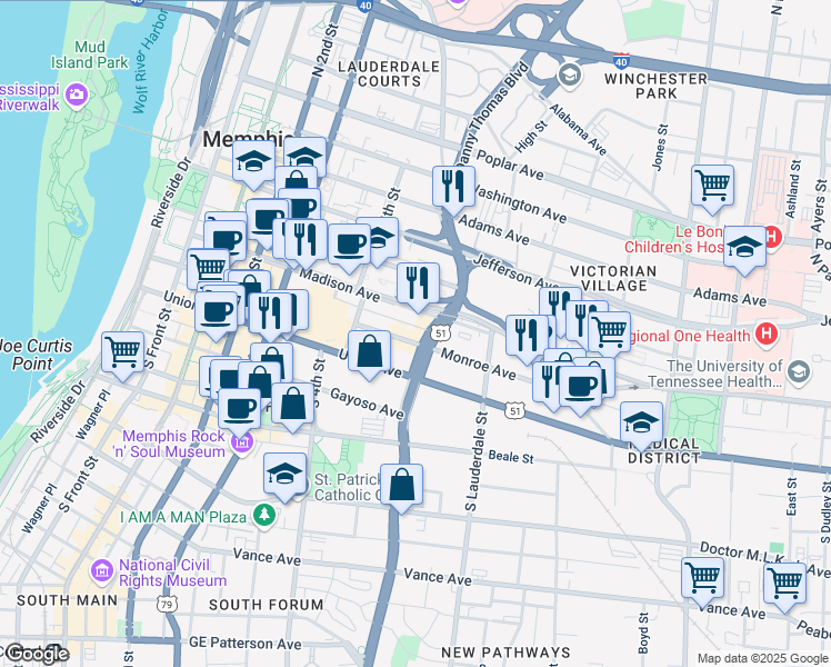 map of restaurants, bars, coffee shops, grocery stores, and more near 109 U.S. 51 in Memphis