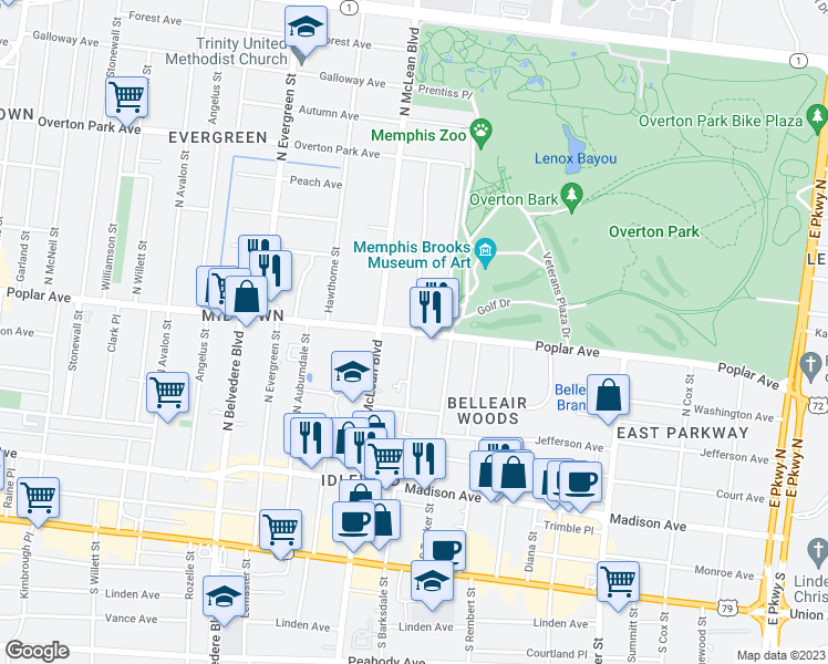 map of restaurants, bars, coffee shops, grocery stores, and more near Poplar Ave & N Barksdale St in Memphis
