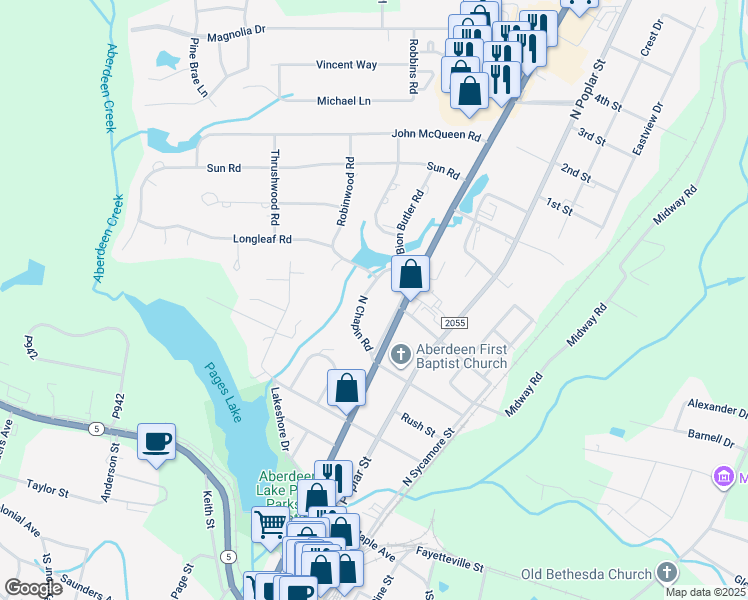 map of restaurants, bars, coffee shops, grocery stores, and more near 720 North Chapin Road in Aberdeen