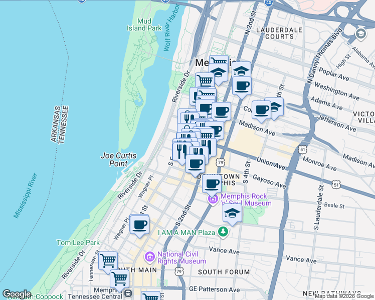 map of restaurants, bars, coffee shops, grocery stores, and more near 105 South Main Street in Memphis