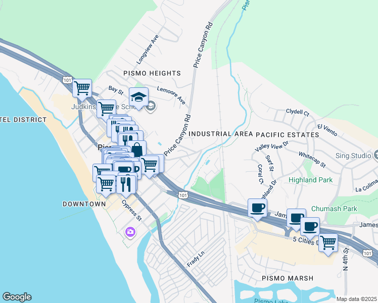 map of restaurants, bars, coffee shops, grocery stores, and more near 442 Bello Street in Pismo Beach