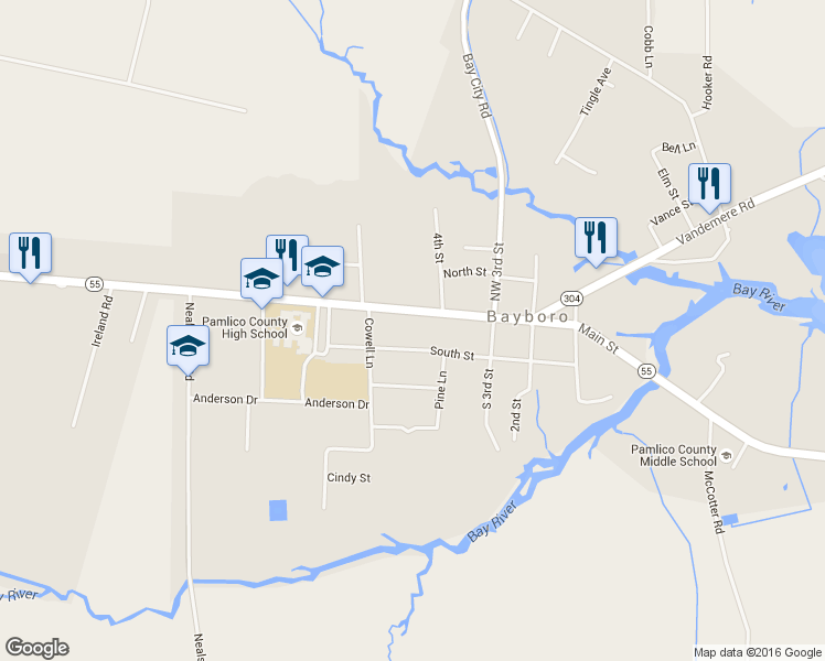 map of restaurants, bars, coffee shops, grocery stores, and more near 407 Main Street in Bayboro