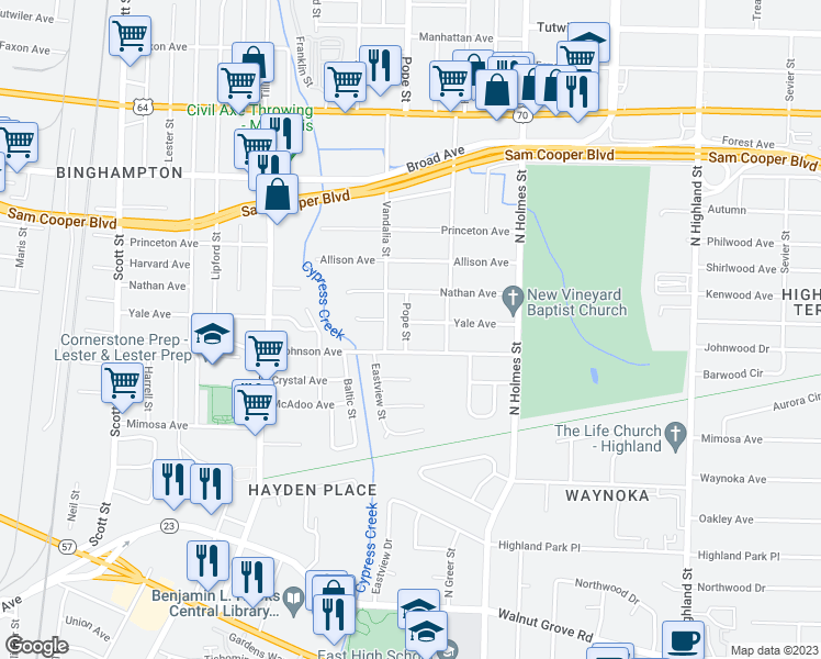 map of restaurants, bars, coffee shops, grocery stores, and more near 3163 Yale Avenue in Memphis