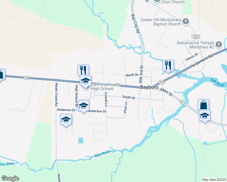 map of restaurants, bars, coffee shops, grocery stores, and more near 411 Main Street in Bayboro