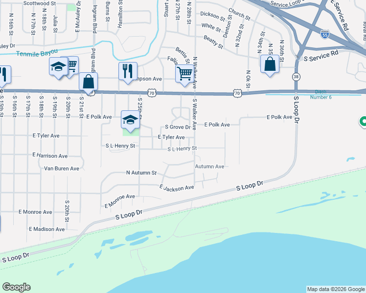 map of restaurants, bars, coffee shops, grocery stores, and more near 315 South Walker Avenue in West Memphis