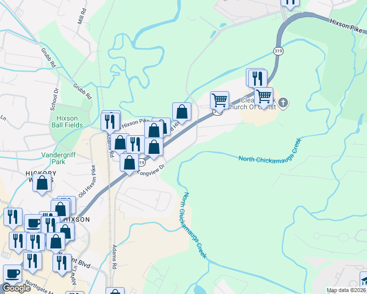 map of restaurants, bars, coffee shops, grocery stores, and more near 5440 Longview Drive in Chattanooga