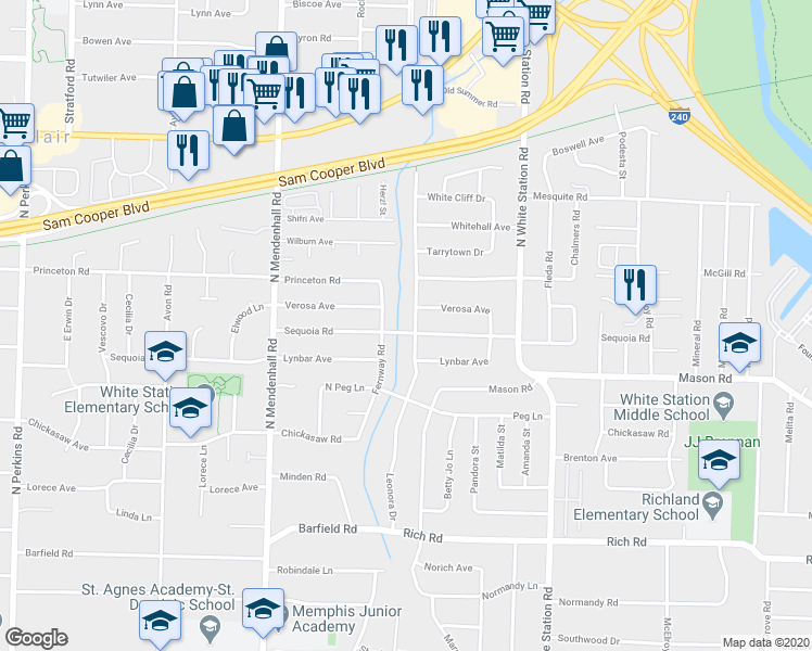 map of restaurants, bars, coffee shops, grocery stores, and more near 419 Leonora Dr in Memphis
