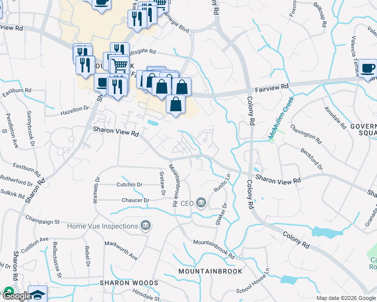 map of restaurants, bars, coffee shops, grocery stores, and more near 3449 Sharon View Road in Charlotte
