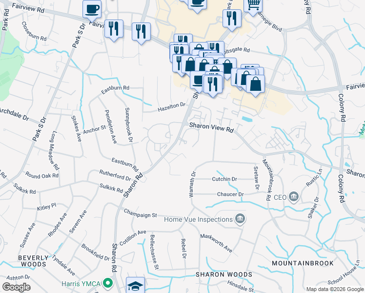 map of restaurants, bars, coffee shops, grocery stores, and more near 5013 Sharon Road in Charlotte
