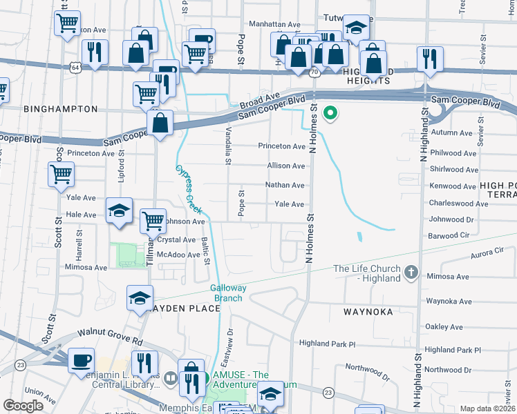 map of restaurants, bars, coffee shops, grocery stores, and more near 3190 Johnson Avenue in Memphis