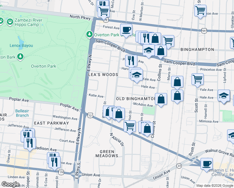 map of restaurants, bars, coffee shops, grocery stores, and more near 2485 Hollins Avenue in Memphis