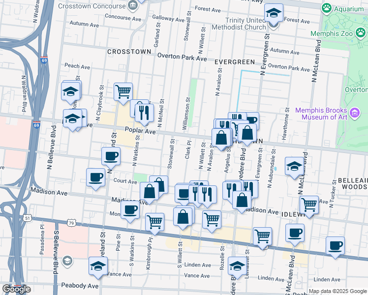 map of restaurants, bars, coffee shops, grocery stores, and more near 136 Clark Place in Memphis