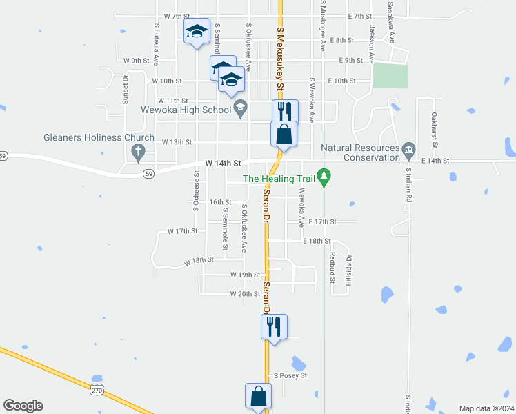 map of restaurants, bars, coffee shops, grocery stores, and more near 1611 Seran Drive in Wewoka
