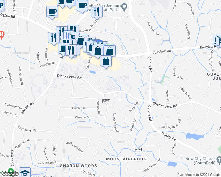 map of restaurants, bars, coffee shops, grocery stores, and more near 3444 Stettler View Road in Charlotte