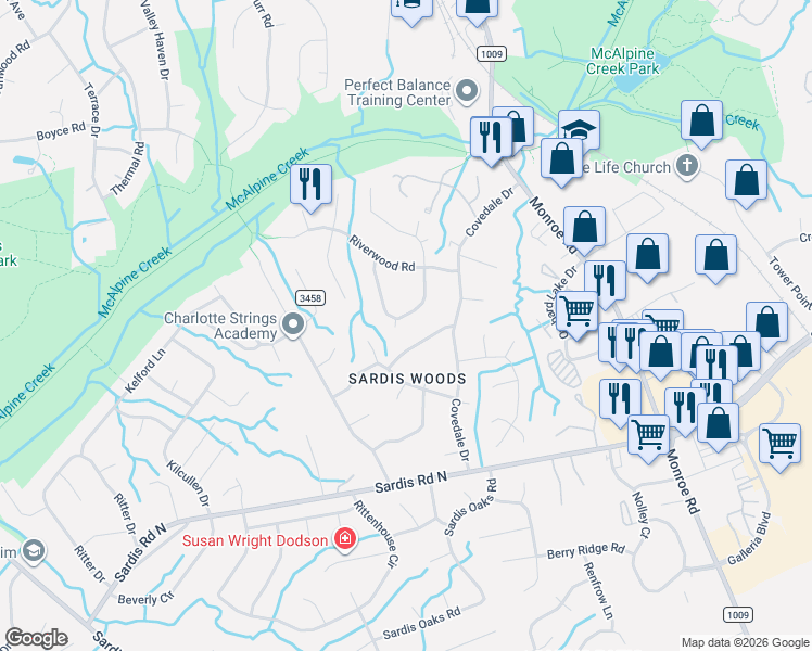 map of restaurants, bars, coffee shops, grocery stores, and more near in Charlotte