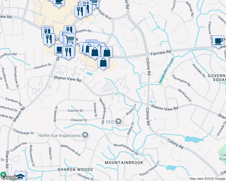 map of restaurants, bars, coffee shops, grocery stores, and more near 3449 Sharon View Road in Charlotte