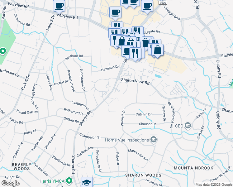 map of restaurants, bars, coffee shops, grocery stores, and more near 5013 Sharon Road in Charlotte