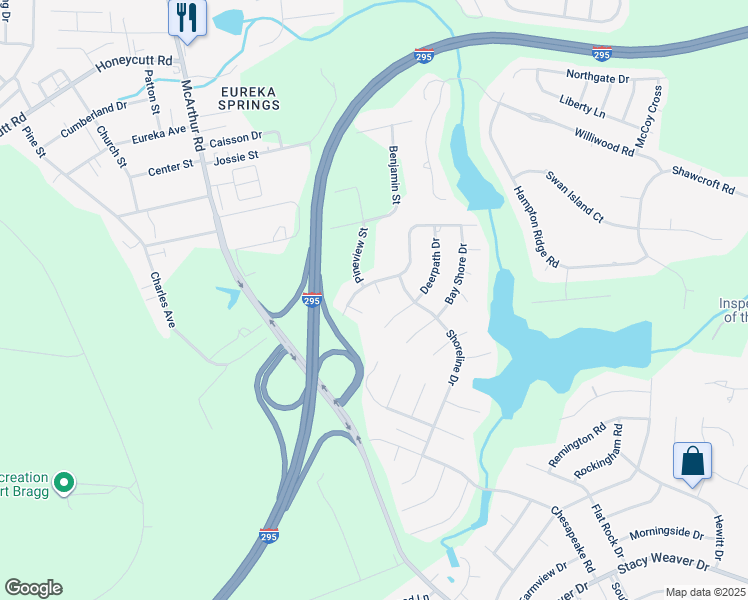 map of restaurants, bars, coffee shops, grocery stores, and more near 5447 Buck Court in Fayetteville