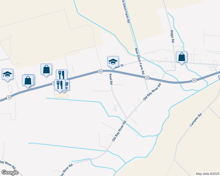 map of restaurants, bars, coffee shops, grocery stores, and more near 116 Keel Road in Grantsboro