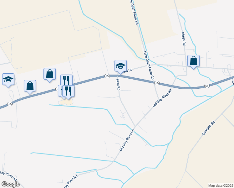 map of restaurants, bars, coffee shops, grocery stores, and more near 116 Keel Road in Grantsboro