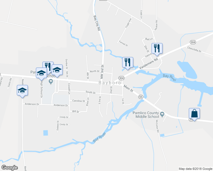 map of restaurants, bars, coffee shops, grocery stores, and more near 205 Main Street in Bayboro