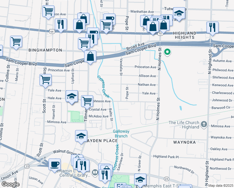 map of restaurants, bars, coffee shops, grocery stores, and more near 3092 Johnson Avenue in Memphis