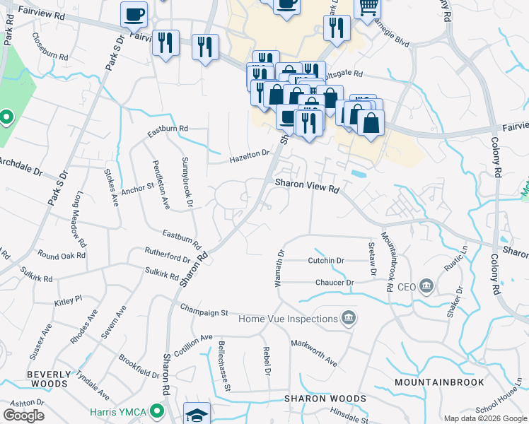 map of restaurants, bars, coffee shops, grocery stores, and more near 5013 Sharon Road in Charlotte