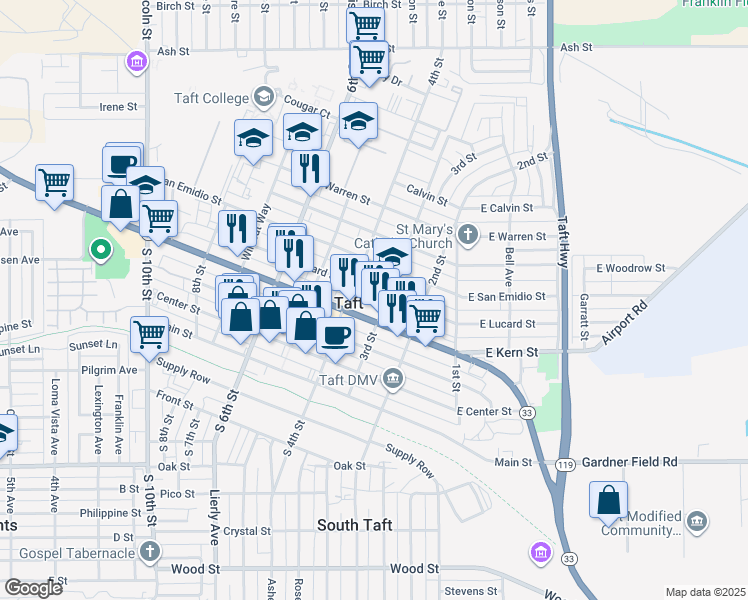 map of restaurants, bars, coffee shops, grocery stores, and more near 307 Lucard Street in Taft