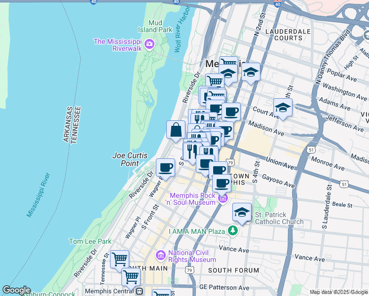 map of restaurants, bars, coffee shops, grocery stores, and more near in Memphis
