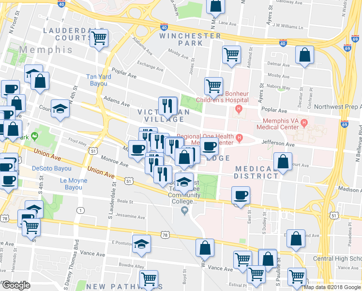 map of restaurants, bars, coffee shops, grocery stores, and more near 711 Jefferson Avenue in Memphis