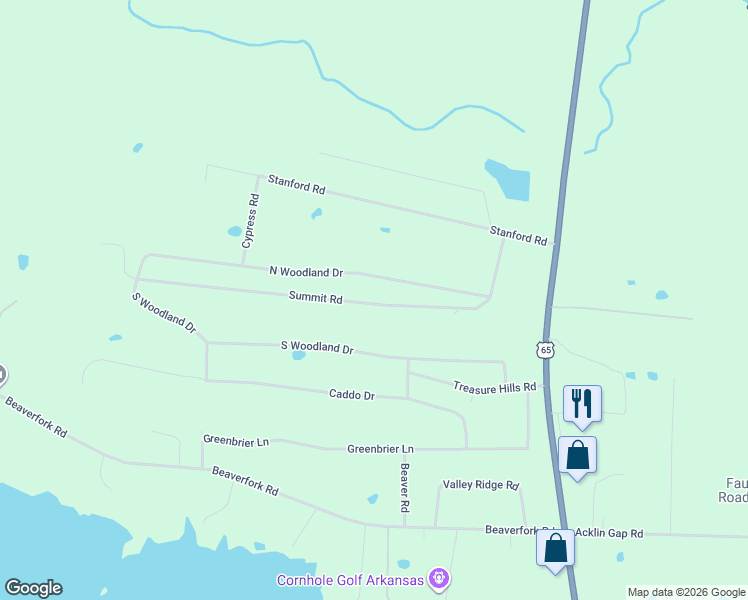 map of restaurants, bars, coffee shops, grocery stores, and more near 18 South Woodland Drive in Conway