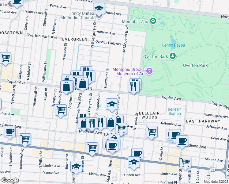 map of restaurants, bars, coffee shops, grocery stores, and more near 1822 Poplar Avenue in Memphis