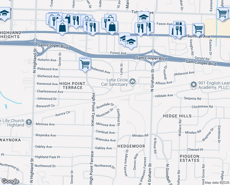 map of restaurants, bars, coffee shops, grocery stores, and more near 3823 Kenwood Avenue in Memphis