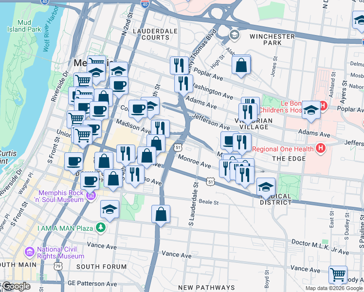 map of restaurants, bars, coffee shops, grocery stores, and more near 383 Madison Avenue in Memphis