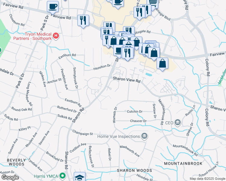 map of restaurants, bars, coffee shops, grocery stores, and more near 5141 Sharon Road in Charlotte