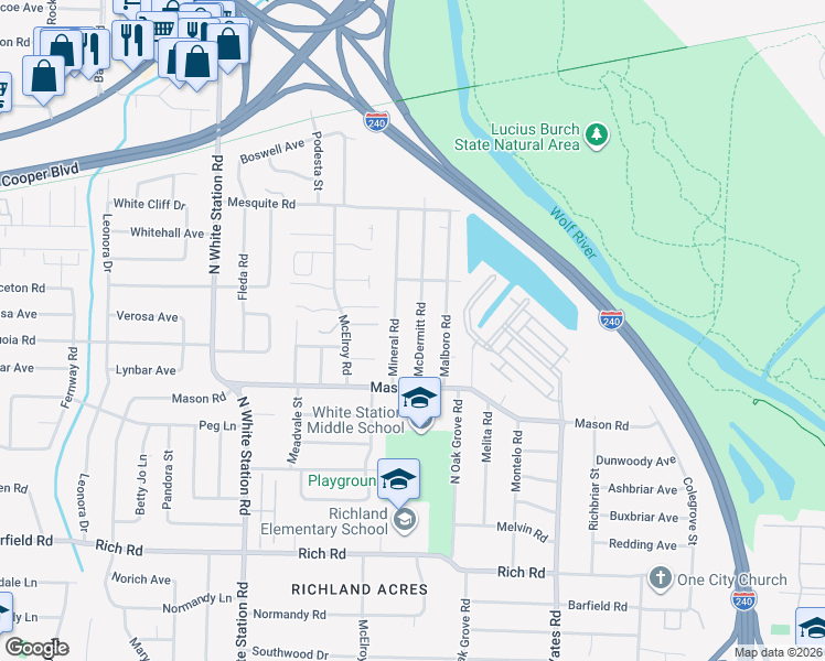 map of restaurants, bars, coffee shops, grocery stores, and more near 398 McDermitt Road in Memphis