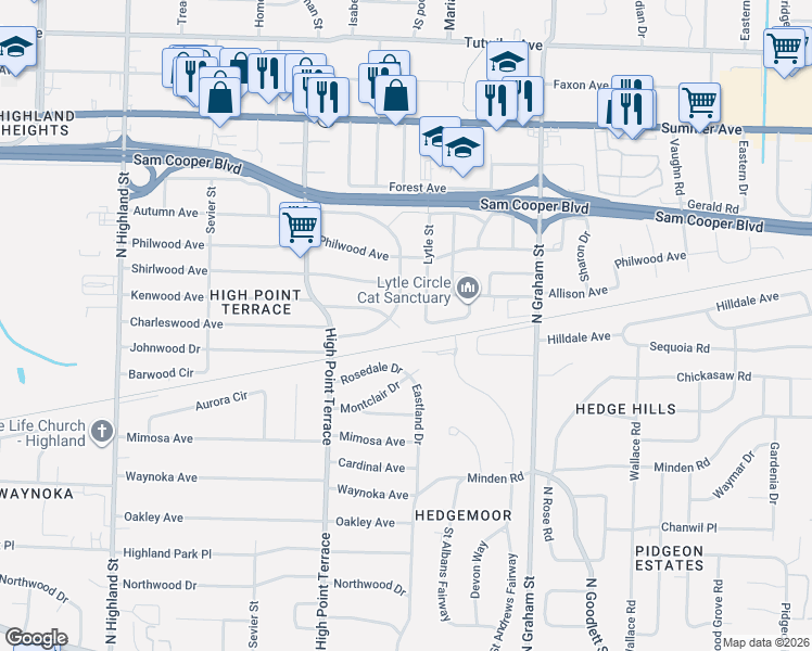 map of restaurants, bars, coffee shops, grocery stores, and more near 3823 Kenwood Avenue in Memphis