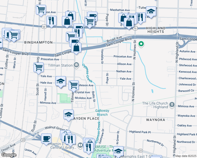 map of restaurants, bars, coffee shops, grocery stores, and more near 3092 Johnson Avenue in Memphis