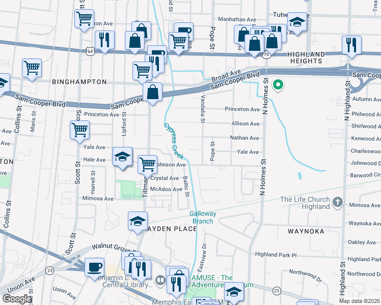 map of restaurants, bars, coffee shops, grocery stores, and more near 3092 Johnson Avenue in Memphis