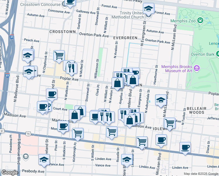 map of restaurants, bars, coffee shops, grocery stores, and more near 146 North Willett Street in Memphis