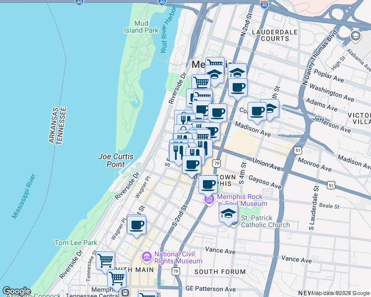 map of restaurants, bars, coffee shops, grocery stores, and more near 100 South Main Street in Memphis