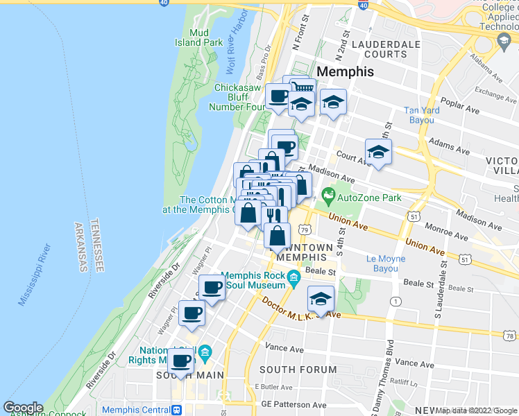 map of restaurants, bars, coffee shops, grocery stores, and more near 100 South Main Street in Memphis