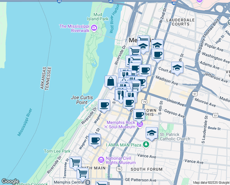 map of restaurants, bars, coffee shops, grocery stores, and more near in Memphis