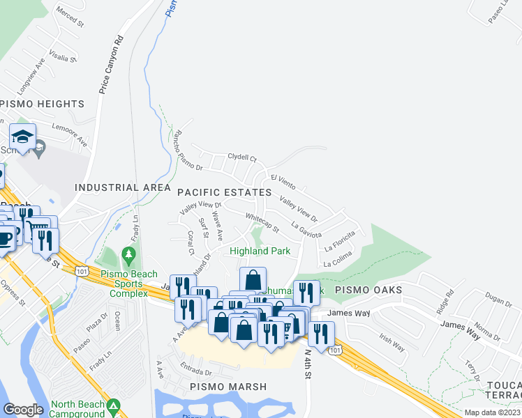map of restaurants, bars, coffee shops, grocery stores, and more near 170 El Viento in Pismo Beach